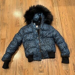 Appaman Black and Blue Patterned Puffer Jacket with Faux Fur Hood